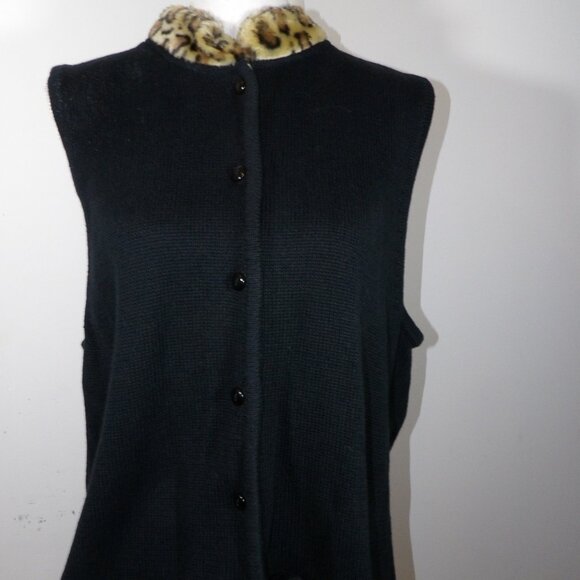 Vintage Crystal Kobe Black Sweater Vest with Faux Fur Collar Size XL - Picture 1 of 4